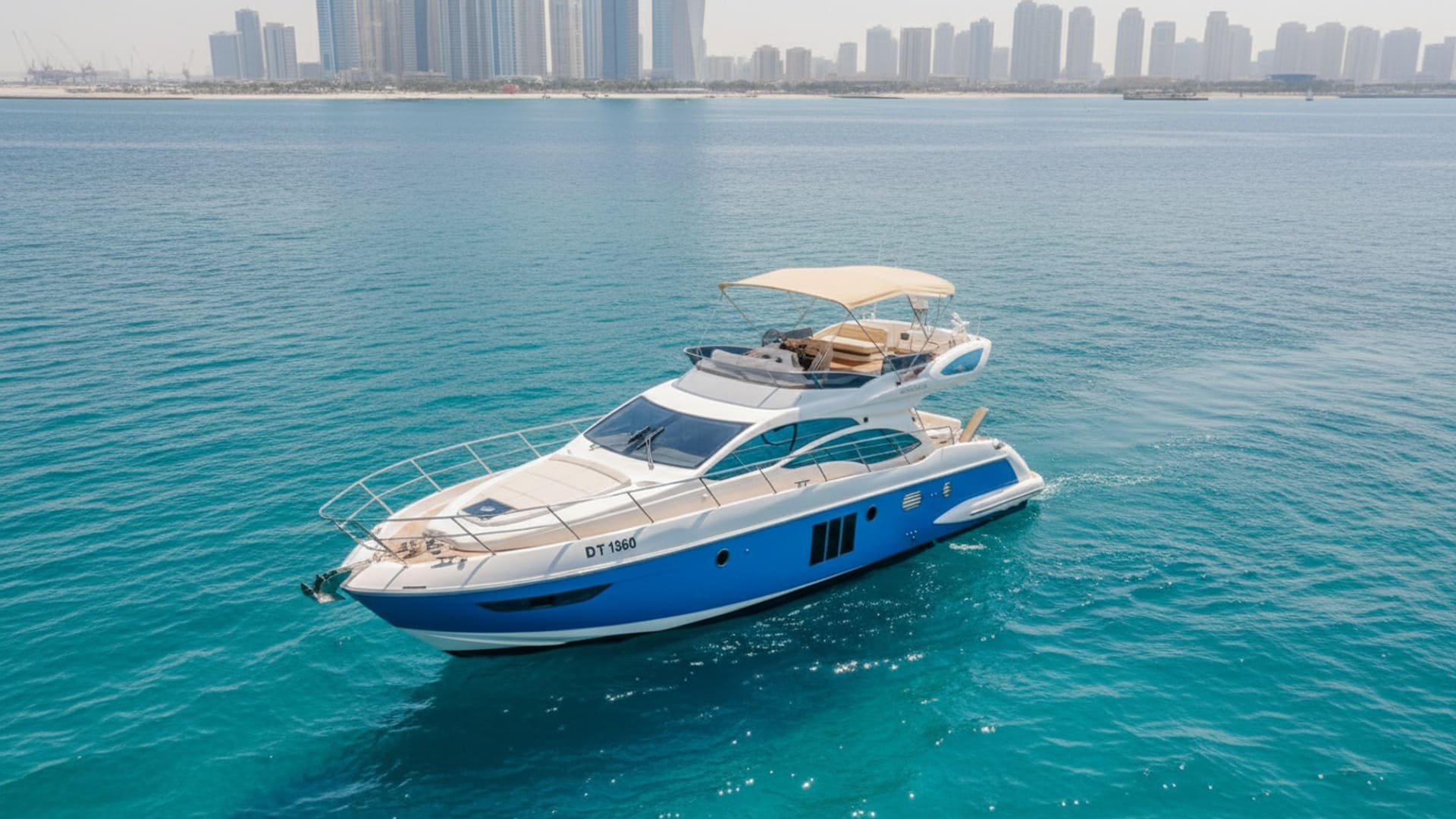 Aerial view of Platinum Legend 48 ft yacht on Dubai waters