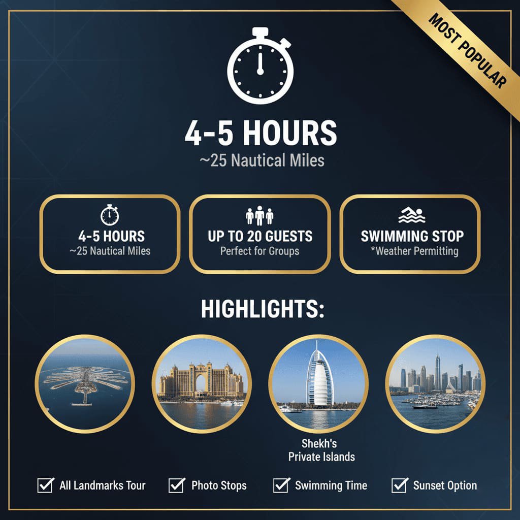 Experience Dubai's iconic landmarks on this scenic yacht tour route.