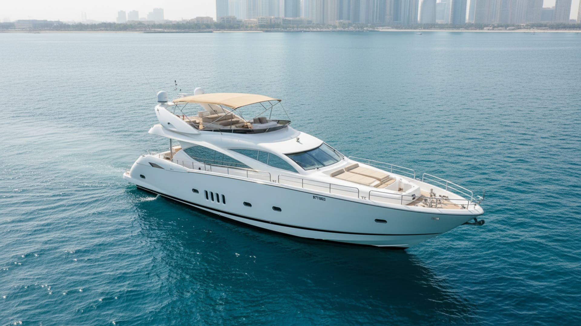 Breathtaking aerial view of Horizon Lady 82 ft yacht in Dubai