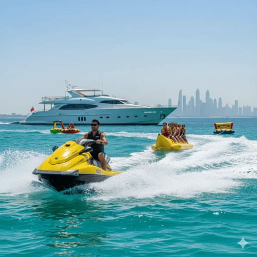 Dubai luxury yacht watersports: jet ski, diving adventures.